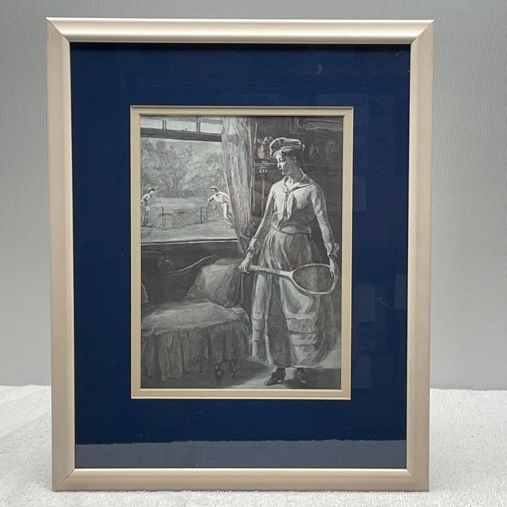 EUC Framed/Matted "Tennis Lady" Sketch, Pink Frame, Navy Blue Matte, 12" x 15"